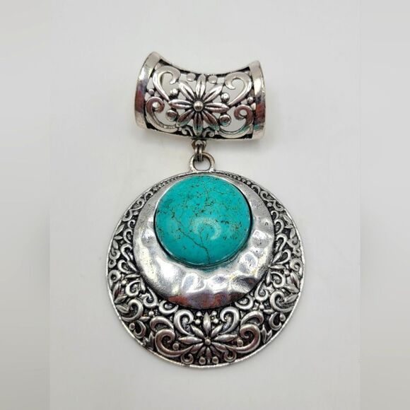 Necklace pendant scarf ring,  silvertone with faux turquoise - Picture 1 of 5